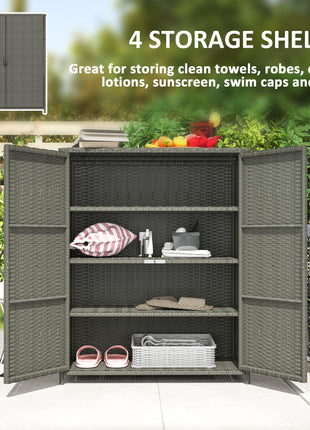 Rattan Wicker Outdoor Storage Cabinet with 4 Shelves and 2 Doors for Garden Pool Towel Storage, Dark Gray
