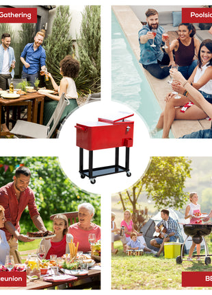 80 QT Rolling Cooling Bins Ice Chest on Wheels Outdoor Stand Up Drink Cooler Cart for Party, Red