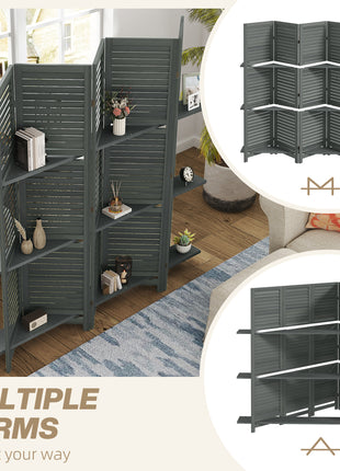 5 Panel 67" Tall Wood Privacy Screen Room Divider with 3 Shelves and Folding Storage for Bedroom, Gray