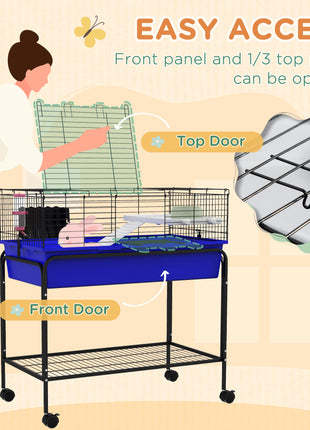 Two-Story Small Animal Cage Removable from Stand, Pet Habitat with Shelf & Wheels, 33" x 18.5" x 35", Blue