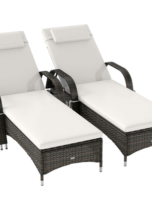 2 Reclining Chaise Lounge Chairs, Rolling Outdoor Chairs with Cushion, Pillow, Headrest, Armrests, and Wheels, Cream
