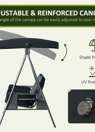3-Seat Patio Swing Chair, Outdoor Porch Swing Glider with Adjustable Canopy, Removable Cushion, Pillows and Side Trays, for Garden, Poolside, Backyard, Black