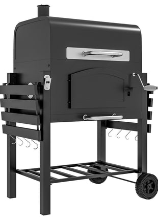 Charcoal BBQ Grill w/ Adjustable Height, Folding Shelves, Thermometer, and Wheels, Black