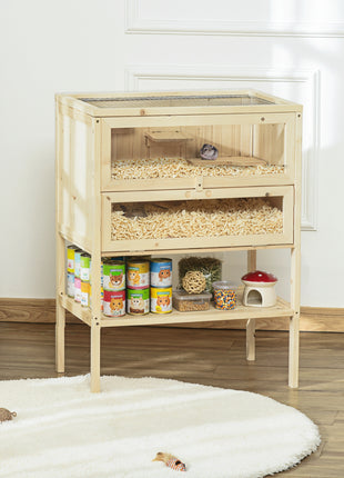 3-Tier Wooden Hamster Cage Mice and Rat Cage Small Animals Hutch with Openable Top, Front Door, Shelf, Natural Wood