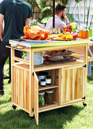 Outdoor Grill Cart w/ Stainless Steel Top, Solid Wood Outdoor Kitchen Island w/ Wheels, Storage Cabinets, Natural Wood