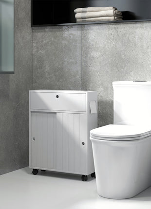 Toilet Paper Cabinet, Slim Bathroom Cabinet with 4 Rolling Wheels, Small Bathroom Storage Cabinet with Paper Holes, Sliding Doors and Adjustable Shelf for Small Space, White