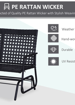 Patio 2-Person Wicker Glider Bench Rocking Chair, Outdoor All-Hand Woven PE Rattan Loveseat w/ Ergonomic Design Rocking System for Patio, Garden, Porch, Lawn, Black