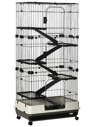 32"L 6-Level Small Animal Cage Rabbit Hutch with Universal Lockable Wheels, Slide-out Tray for Bunny, Chinchillas, Ferret, Black