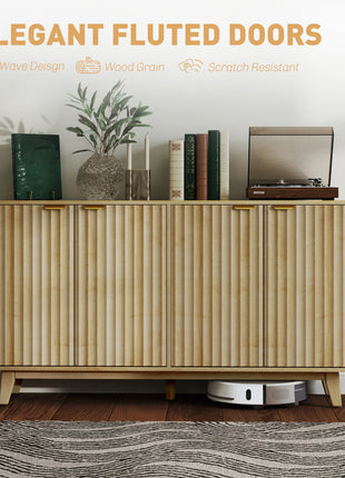 Fluted Sideboard Buffet Cabinet, 55" Coffee Bar Cabinet with 4 Doors, 2 Adjustable Shelves, 5 Wood Legs, Oak
