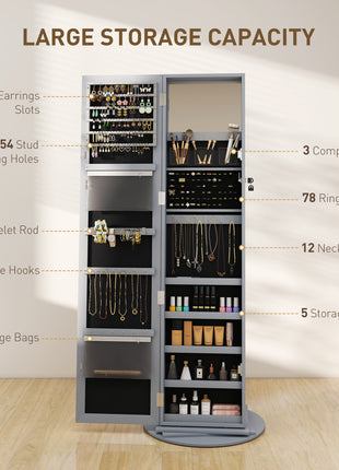 360° Swivel Jewelry Armoire, Lockable Jewelry Cabinet with Full-Length Mirror, Storage Shelves, Gray