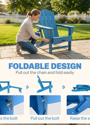 Folding Adirondack Chair Set of 2, HDPE Fire Pit Chair with Retractable Ottoman and Cup Holder, Blue