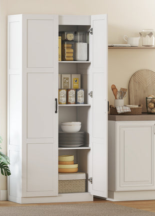 Farmhouse Pantry Cabinet, 71" Tall Kitchen Pantry Storage Cabinet with Soft-Close Hinges, Adjustable Shelves, White