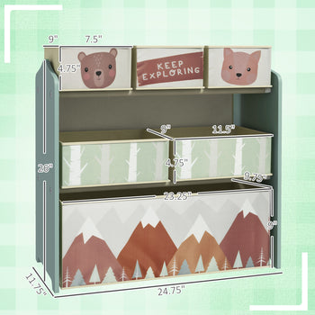 Toy Storage Organizer with 6 Storage Bins and 3-Tier Bookshelf, Toy Storage Shelf for Bedroom, Animal Design, Green