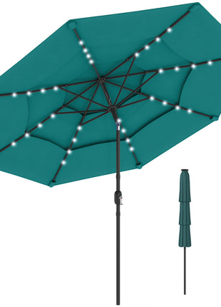 9.7 ft Outdoor Patio Umbrella with Solar LED Lights, 3 Tier Outdoor Table Umbrella with Tilt, Crank, Teal