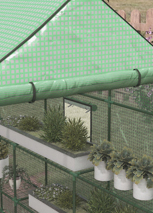 4.6' x 4.7' Portable Greenhouse, Water/UV Resistant Walk-In Small Outdoor Green House with 2 Tier U-Shaped Flower Rack Shelves, Roll Up Door & Windows, Green