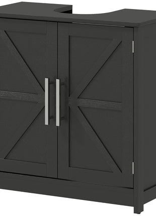 Farmhouse Pedestal Sink Storage Cabinet, Bathroom Sink Cabinet with 2 Barn Doors and Adjustable Shelf, Distressed Black