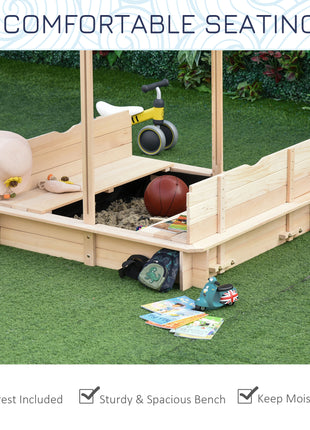 Covered Sandbox, Wooden，with Cover Adjustable Canopy, Detachable Seats and Backrests, Kids Sandbox with Convertible Bench Seat, Bottom Liner, Natural Blue