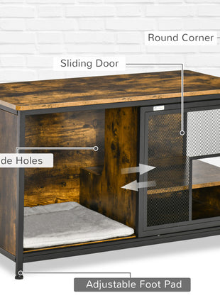 Wooden Cat Crate, Furniture Style Dog Cage, Puppy Kennel Indoor, End Table Pet House with Cushion and Sliding Doors, Rustic Brown