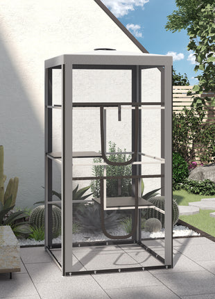 79"H Cat House Kitten Enclosure Mesh Playpen Steel Frame with 3 Platforms, 2 Doors and 4 Sandbags for Stability, Indoor/Outdoor