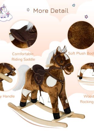 Kids Metal Plush Ride-On Rocking Horse Chair Toy With Nursery Rhyme Music - Dark Brown