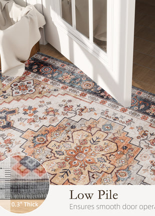 Area Rug 5x7, Machine Washable Rug, Non-Slip Boho Print Pattern Medallion Carpet for Living Room, Bedroom, Tawny Brown