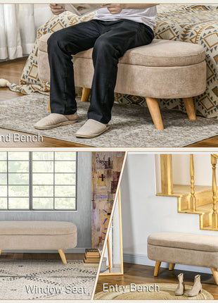 Storage Ottoman Bench, 43.3" Upholstered End of Bed Bench with Wood Legs, Modern Entryway Bench, Beige