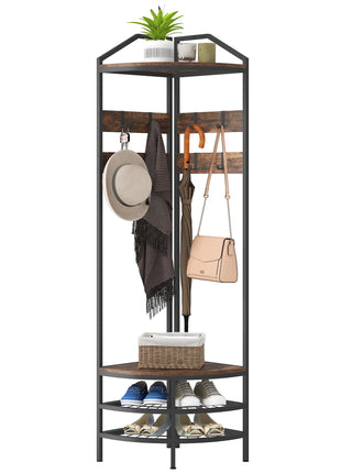 Corner Hall Tree, Industrial 4-Tier Coat Rack with Shoe Storage, 8 Movable Hooks and 2 Shelves for Hallway, Rustic Brown