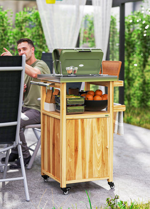 Outdoor Grill Cart w/ Stainless Steel Top, Solid Wood Outdoor Kitchen Island w/ Wheels, Integrated Hole, Natural Wood