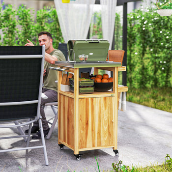 Outdoor Grill Cart w/ Stainless Steel Top, Solid Wood Outdoor Kitchen Island w/ Wheels, Integrated Hole, Natural Wood