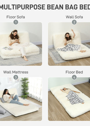 Bean Bag Floor Sofa Bed, Contemporary Plush Wide Folding Floor Mattress, Foam Filling Wall Couch Sleeper, Cream White