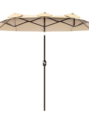Double Sided Patio Umbrella, 9.7' Large Outdoor Market Umbrella with Push Button Tilt and Crank, 3 Air Vents and 12 Ribs, for Garden, Deck, Pool, Brown