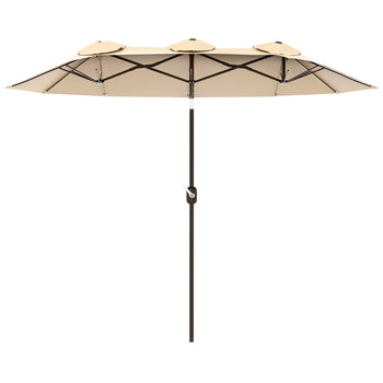 Double Sided Patio Umbrella, 9.7' Large Outdoor Market Umbrella with Push Button Tilt and Crank, 3 Air Vents and 12 Ribs, for Garden, Deck, Pool, Brown