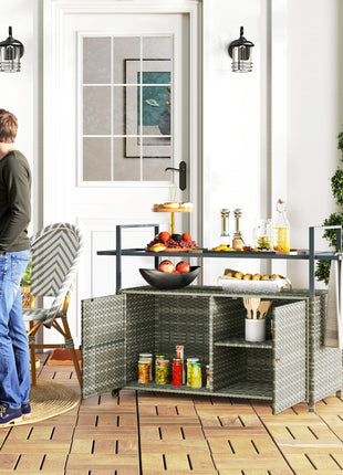 2-Tier Shelf PE Rattan Outdoor Bar Table, Glass Top Outdoor Serving Cart with Cabinet, Mixed Gray