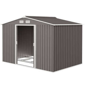 9' x 6' Outdoor Storage Shed, Garden Tool Metal Shed with Foundation Kit, Light Gray
