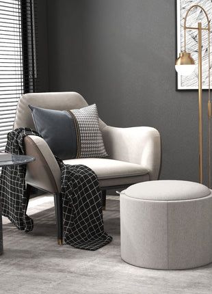Round Storage Ottoman Coffee Table with Flip Top Tray, Linen Fabric Upholstered Footstool with Hidden Compartment