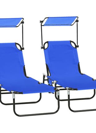 Pool Chaise Lounge Chairs Set of 2, Folding Lounge Chairs with Sunshade, Reclining Back, Steel Frame, Blue