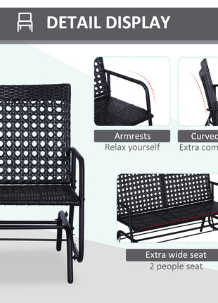 Patio 2-Person Wicker Glider Bench Rocking Chair, Outdoor All-Hand Woven PE Rattan Loveseat w/ Ergonomic Design Rocking System for Patio, Garden, Porch, Lawn, Black