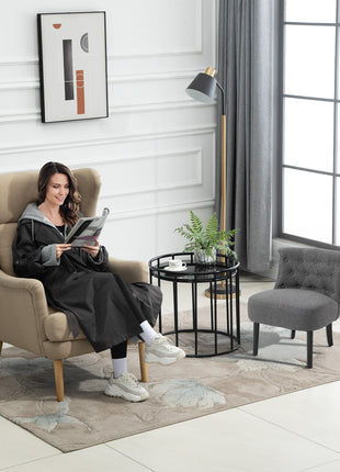 Modern Accent Leisure Chair with Mid Back Button-Tufted Upholstered Fabric and Wooden Legs for Living Room and Bedroom, Grey