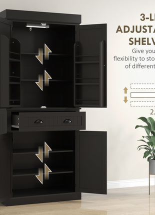 71" Kitchen Pantry Cabinet with LED Lights, 6 Door Shelves, a Drawer and 4 Adjustable Shelves, Black