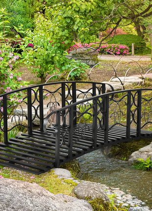 6' Metal Arch Backyard Garden Bridge with 660 lbs. Weight Capacity, Safety Siderails, Vine Motifs, Easy Assembly for Backyard Creek, Stream, Pond, Black