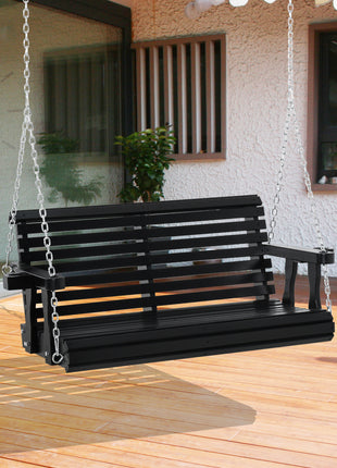 Porch Swing with Chains and Cupholders, 2 Person Wooden Patio Swing Chair, 440 lbs. Weight Capacity, for Garden, Poolside, Backyard, Black