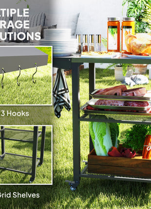 Three-Shelf Outdoor Grill Cart Table with Foldable Side Table, Stainless Steel Top Pizza Oven Stand with Hooks, Silver