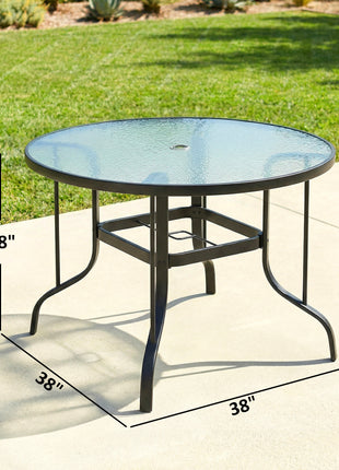 38" Round Patio Table with Umbrella Hole, Tempered Glass Outdoor Dining Table, Black