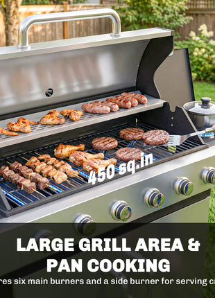 6 Burner Propane Gas Grill with Side Burner, Barbecue Grill with Cast Iron Grates, Wheels, Side Tables, Cabinet