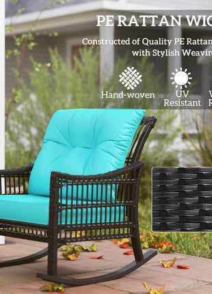 3 Piece Outdoor PE Rattan Rocker Chair Set, Rocking Chair with Tempered Glass Table Top, Turquoise Green