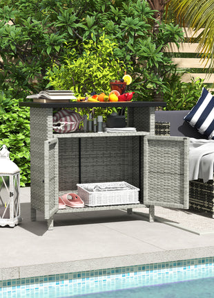 Wicker Outdoor Storage Cabinet with Two Doors and Shelf for Outdoor Pool Towel Storage, Gray