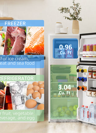 Small Fridge with Freezer, 4 Cu Ft Refrigerator with Reversible Doors, White