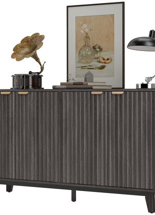 Fluted Sideboard Buffet Cabinet, 55" Coffee Bar Cabinet with 4 Doors, 2 Adjustable Shelves, 5 Wood Legs, Dark Gray