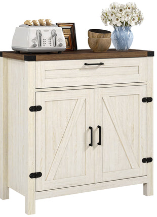 Modern Farmhouse Sideboard with Storage, Buffet Cabinet with 2 Barn Doors and Drawer for Dining Room, Distressed White