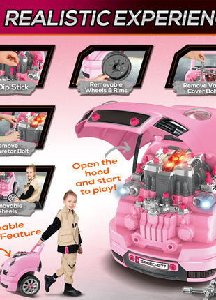 Mechanic Kids Truck Engine Toy Set, Car Service Play Set, Pink